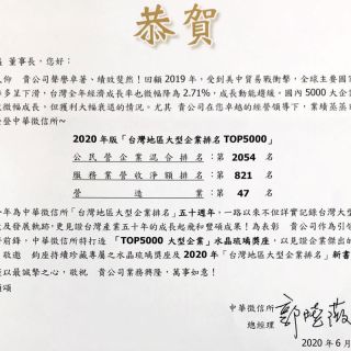 【賀】2020年版「台灣地區大型企業排名TOP5000」上榜